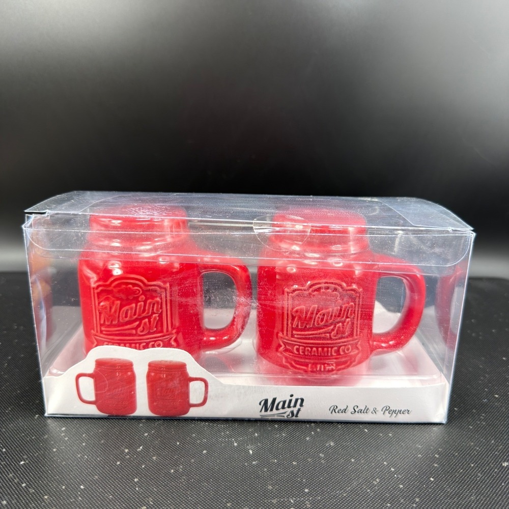 American Atelier Main St Ceramic Co Red Mason Jar Mug Salt and Pepper Shaker Set - Picture 11 of 11